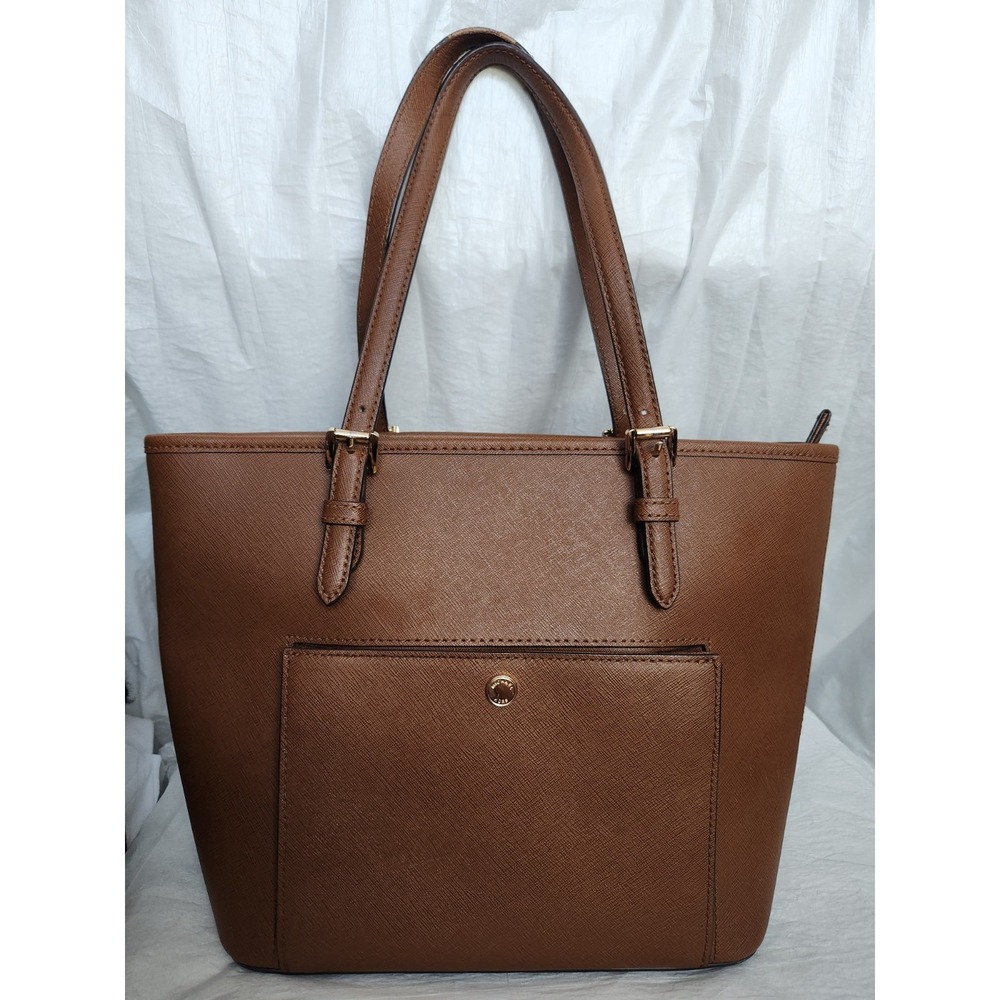 Michael Kors Saffiano Brown Leather Jet Set Medium Top Zip Snap Pocket Purse Bag